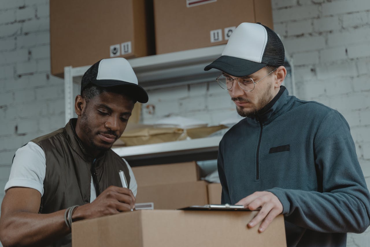 Two couriers working together to process deliveries in a warehouse setting.