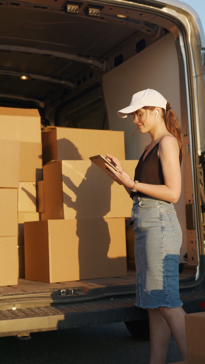 Services Young female courier organizing package delivery beside an open delivery van at sunset.