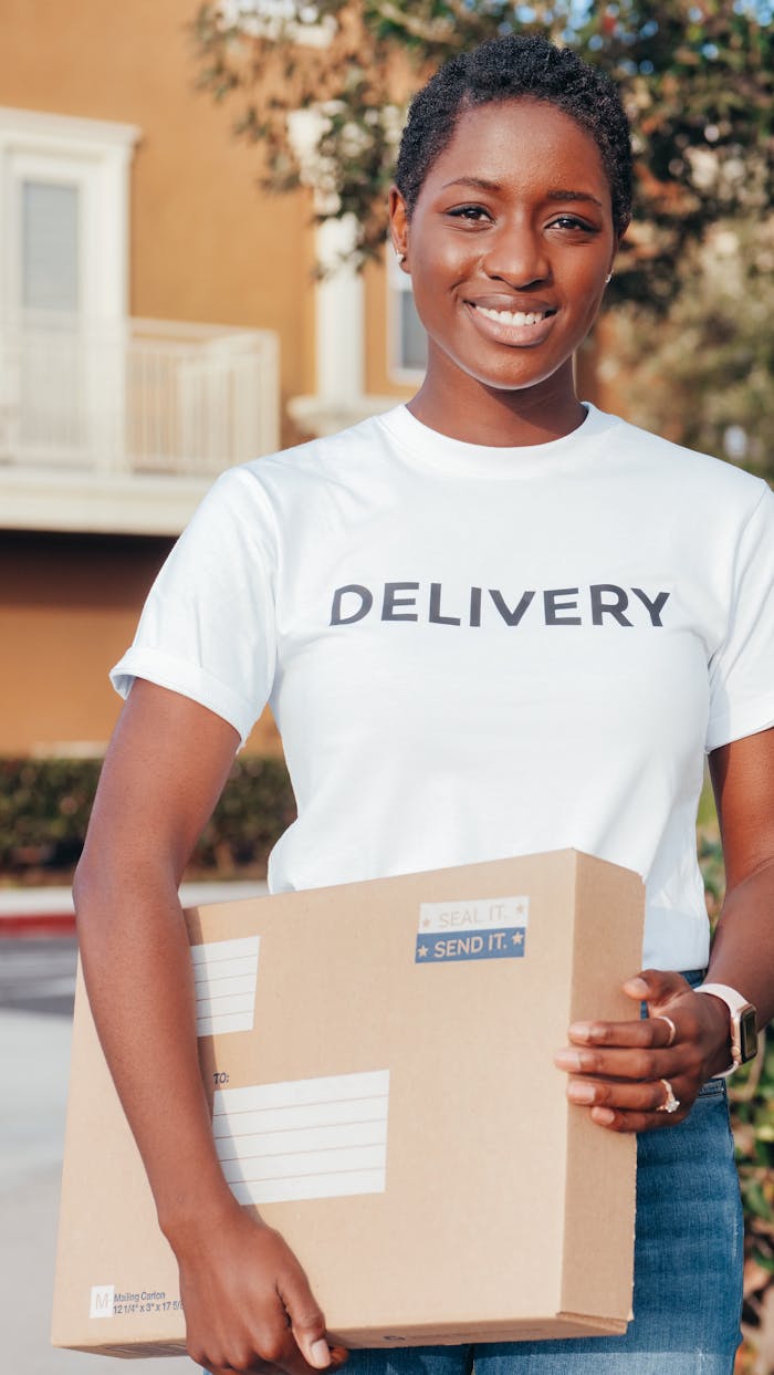 Services African American female courier with a parcel, delivering a package outdoors, smiling.